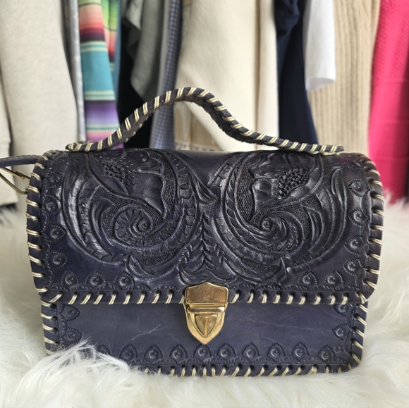 Purple Embroidered Leather Handbag - Picture 3 of 7